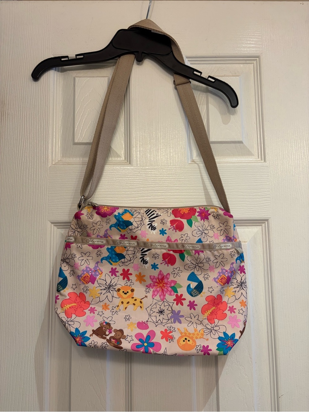 Lesportsac Beige Crossbody Bag with Multicolor Floral & Animal Print
